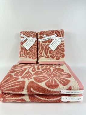 Bianca Bath Towel Set Bold Floral Design Pink Cream Cotton Portugal 6 Pc NEW